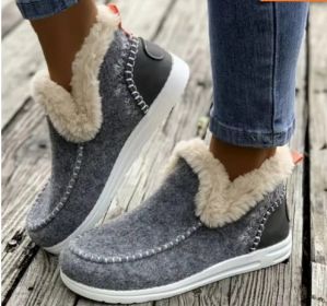 Fleece-lined Thick Plush Boots Warm Sewing Flat Cotton Shoes Winter Ankle Boot (Option: Light Gray-37)
