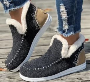 Fleece-lined Thick Plush Boots Warm Sewing Flat Cotton Shoes Winter Ankle Boot (Option: Dark Gray-38)