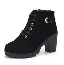 Fashoin Leopard Print Ankle Square Heel Suede Lace-up Zip Boots Women Casual Versatile Shoes Autumn And Winter (Option: Black-37)