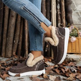 Fleece-lined Thick Plush Boots Warm Sewing Flat Cotton Shoes Winter Ankle Boot (Option: Brown-36)