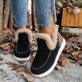 Fleece-lined Thick Plush Boots Warm Sewing Flat Cotton Shoes Winter Ankle Boot (Option: Black-40)