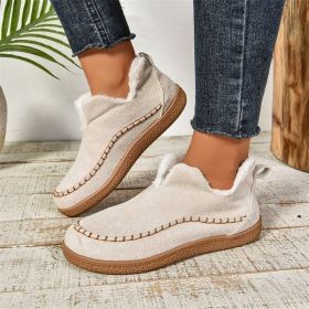 Fashion V-cut Plush Ankle Boots Winter Plus Velvet Flat Snow Boot Casual Warm Solid Suede Cotton Shoes For Women (Option: Milky White-Size36)