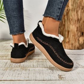 Fashion V-cut Plush Ankle Boots Winter Plus Velvet Flat Snow Boot Casual Warm Solid Suede Cotton Shoes For Women (Option: Black-Size36)