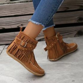 Retro Ankle Boots With Rivet Tassel Flat Shoes Women Winter Boots (Option: Dark Brown-35.)