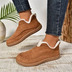 Fashion V-cut Plush Ankle Boots Winter Plus Velvet Flat Snow Boot Casual Warm Solid Suede Cotton Shoes For Women (Option: Light Brown-Size36)