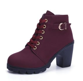 Fashoin Leopard Print Ankle Square Heel Suede Lace-up Zip Boots Women Casual Versatile Shoes Autumn And Winter (Option: Wine Red-35)