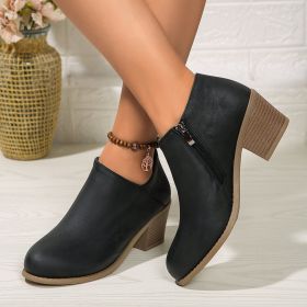 Chunky Heel Round Toe Ankle Boots With Side Zipper Design Fashion Fall Winter Short Boots For Women Shoes (Option: Black-36.)