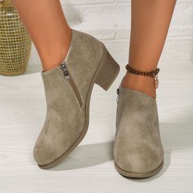 Chunky Heel Round Toe Ankle Boots With Side Zipper Design Fashion Fall Winter Short Boots For Women Shoes (Option: Khaki-36.)