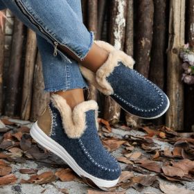 Fleece-lined Thick Plush Boots Warm Sewing Flat Cotton Shoes Winter Ankle Boot (Option: Dark Blue-36)