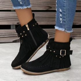 Retro Ankle Boots With Rivet Tassel Flat Shoes Women Winter Boots (Option: Black-40.)