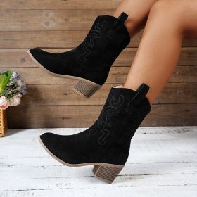 Pointed Toe Western Boots Fashion Retro Embroidered Chunky Square-heeled Mid-calf Boot For Women (Option: Black-38)